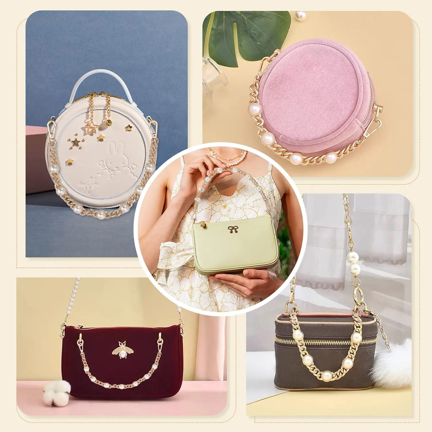 WADORN Pearl Purse Replacement Chain, 14.1 Inch Imitation Pearl Bead Short Bag Handle Strap Bag Charms Crossbody Decoration Chain for Satchel Clutch Shoulder Hobo Bag Dumpling Pouch, Gold