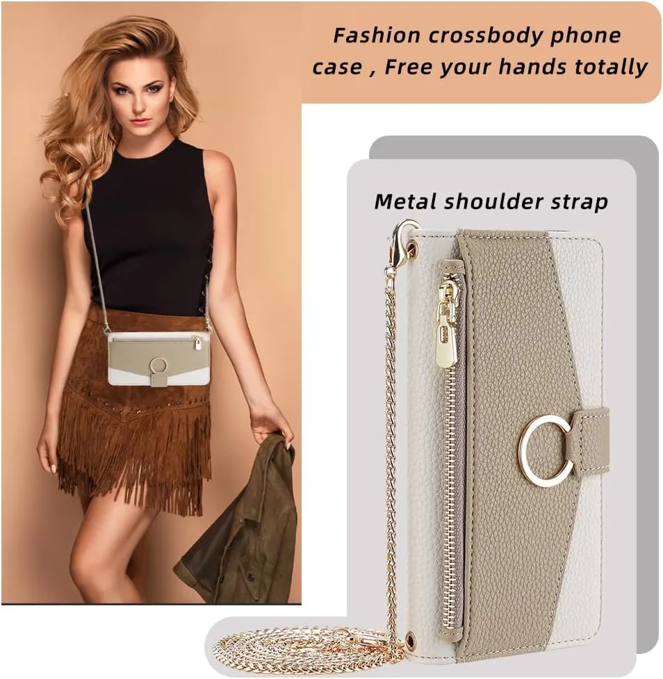 Wallet Case with Crossbody Strap Compatible for OnePlus 13R, Magnetic Handbag Zipper Pocket Cases PU Leather Flip Cell Phone Holster Cover with Kickstand, White