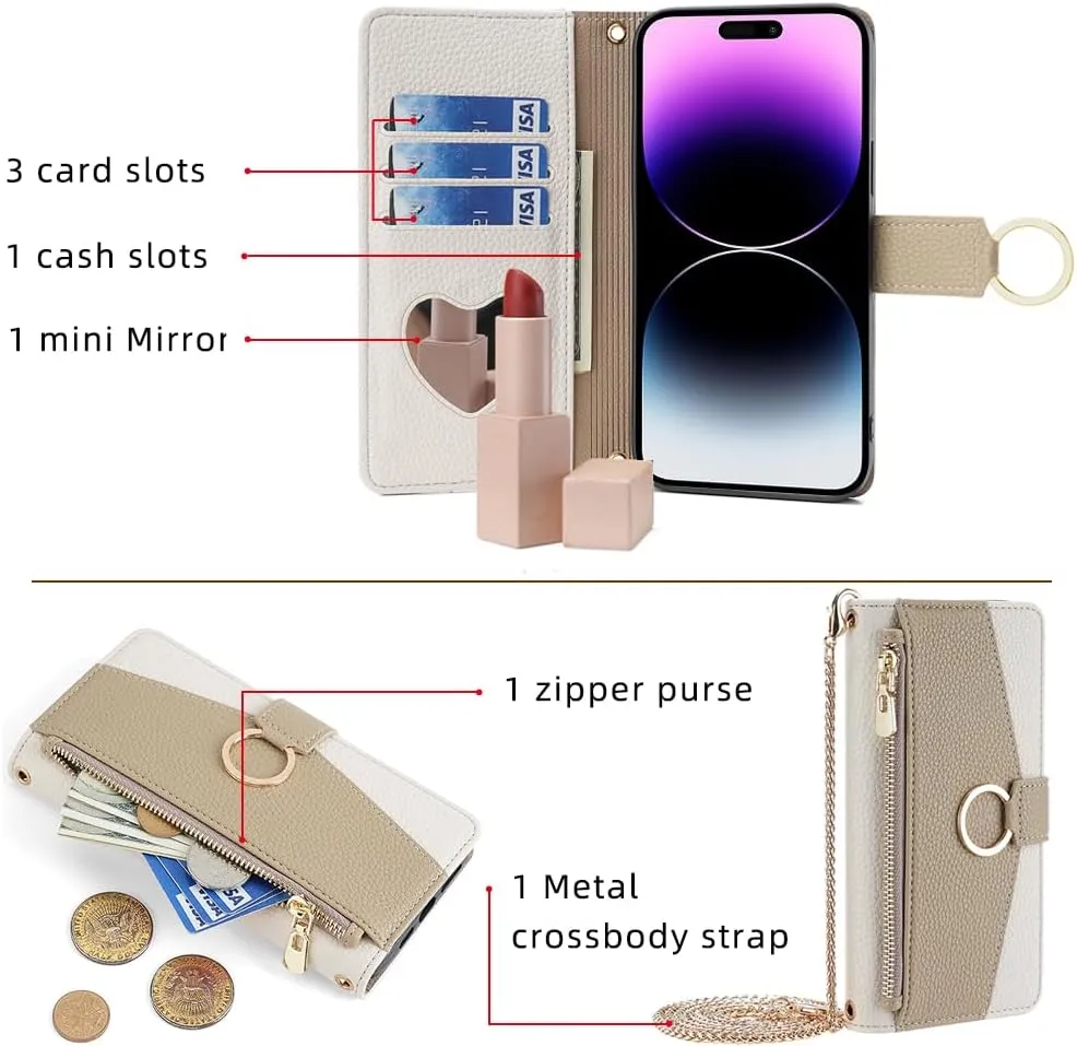 Wallet Case with Crossbody Strap Compatible for OnePlus 13R, Magnetic Handbag Zipper Pocket Cases PU Leather Flip Cell Phone Holster Cover with Kickstand, White