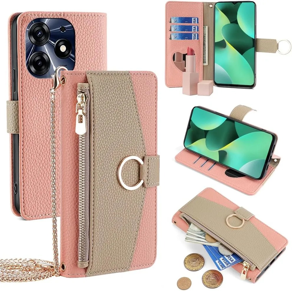 Wallet Case with Crossbody Strap Compatible for Tecno Camon 30 Premier, Magnetic Handbag Zipper Pocket Cases PU Leather Flip Shockproof Cover with Kickstand Pink