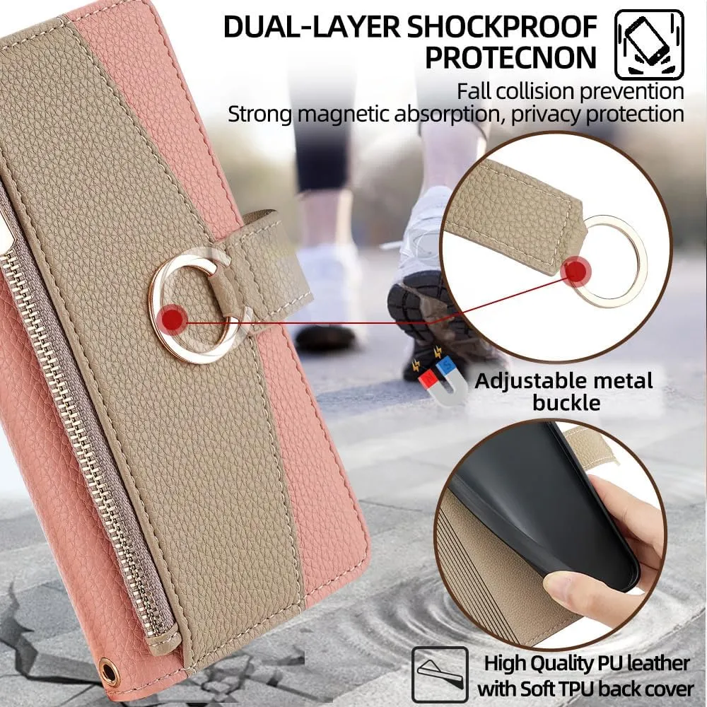 Wallet Case with Crossbody Strap Compatible for Tecno Camon 30 Premier, Magnetic Handbag Zipper Pocket Cases PU Leather Flip Shockproof Cover with Kickstand Pink