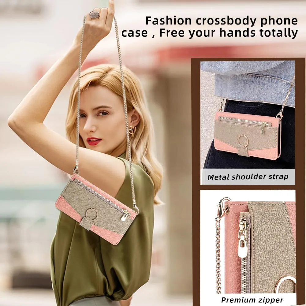 Wallet Case with Crossbody Strap Compatible for Tecno Camon 30 Premier, Magnetic Handbag Zipper Pocket Cases PU Leather Flip Shockproof Cover with Kickstand Pink