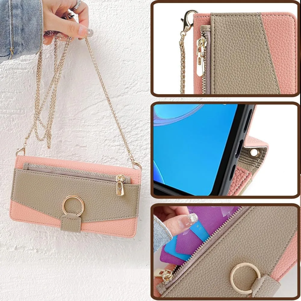 Wallet Case with Crossbody Strap Compatible for Tecno Camon 30 Premier, Magnetic Handbag Zipper Pocket Cases PU Leather Flip Shockproof Cover with Kickstand Pink