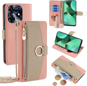 Wallet Case with Crossbody Strap Compatible for Tecno Camon 30 Premier, Magnetic Handbag Zipper Pocket Cases PU Leather Flip Shockproof Cover with Kickstand Pink