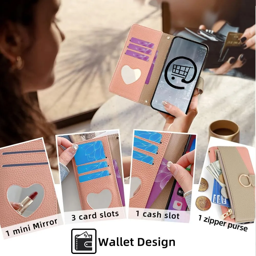 Wallet Case with Crossbody Strap Compatible for Tecno Camon 30 Premier, Magnetic Handbag Zipper Pocket Cases PU Leather Flip Shockproof Cover with Kickstand Pink