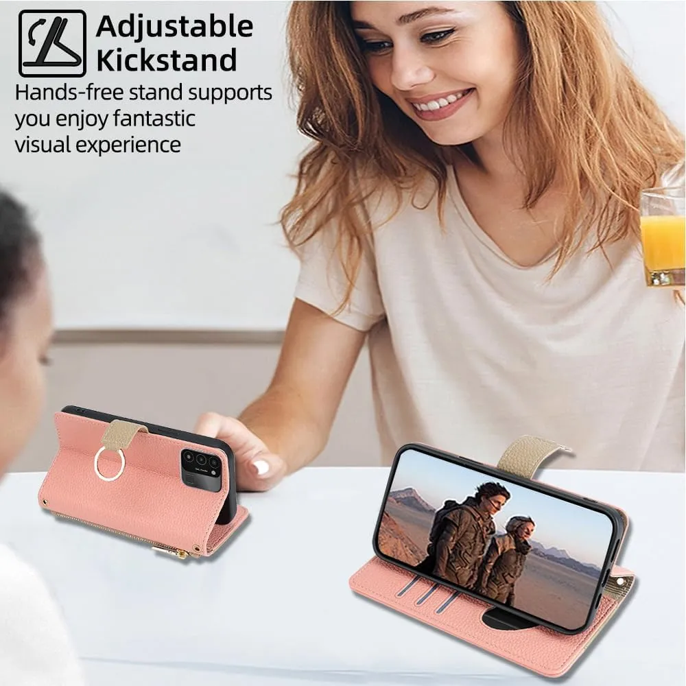 Wallet Case with Crossbody Strap Compatible for Tecno Camon 30 Premier, Magnetic Handbag Zipper Pocket Cases PU Leather Flip Shockproof Cover with Kickstand Pink