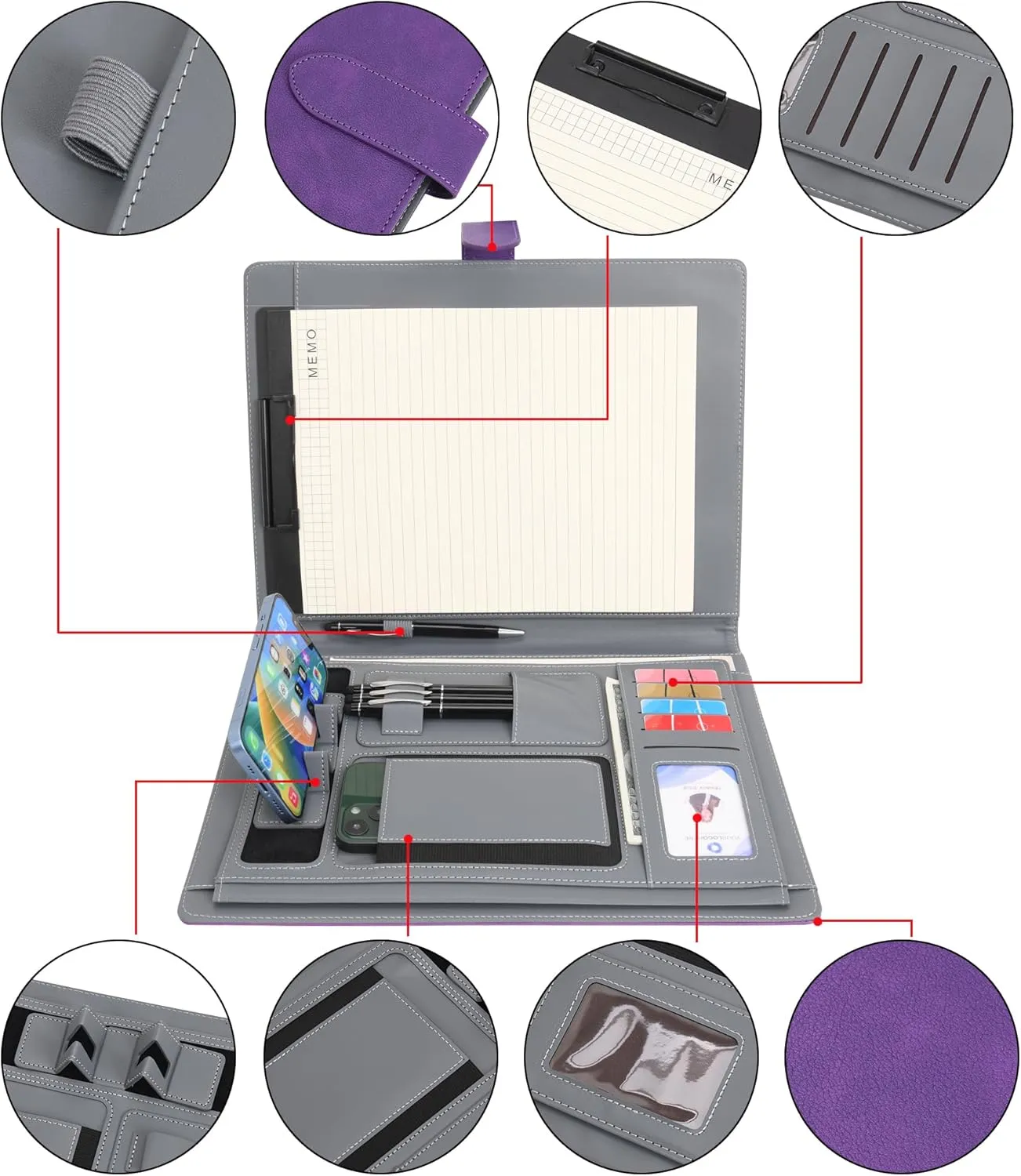 Wason Portfolio Padfolio A4 Leather PU Folder File Document Holder Case with Writing Pad Removable Clipboard Card Stationary Case Phone Tablet Stand for Organizer Office Travel School (Purple)