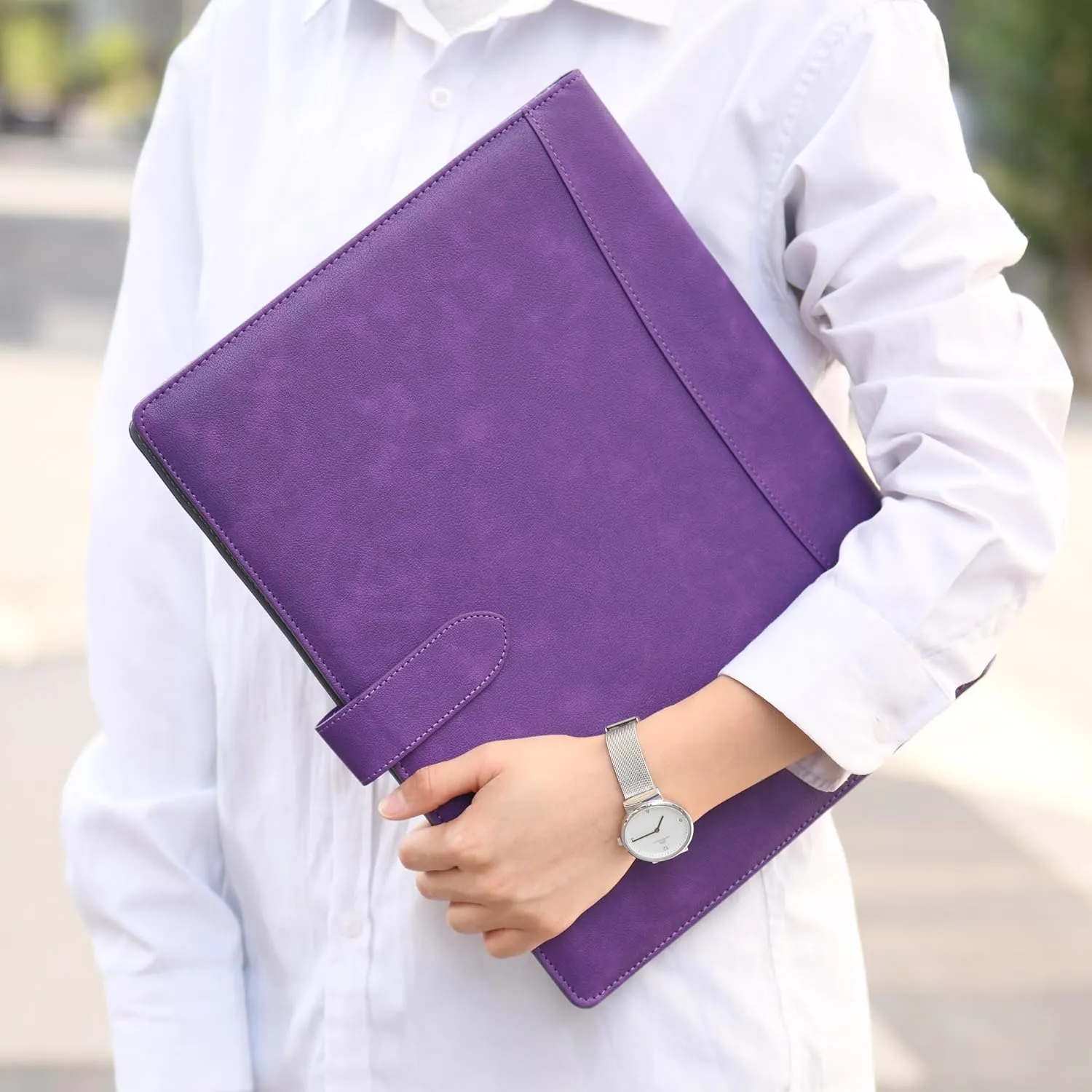 Wason Portfolio Padfolio A4 Leather PU Folder File Document Holder Case with Writing Pad Removable Clipboard Card Stationary Case Phone Tablet Stand for Organizer Office Travel School (Purple)