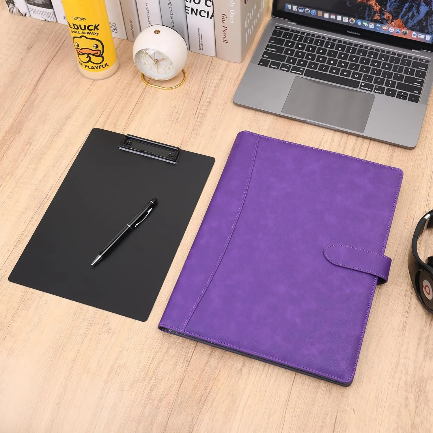 Wason Portfolio Padfolio A4 Leather PU Folder File Document Holder Case with Writing Pad Removable Clipboard Card Stationary Case Phone Tablet Stand for Organizer Office Travel School (Purple)