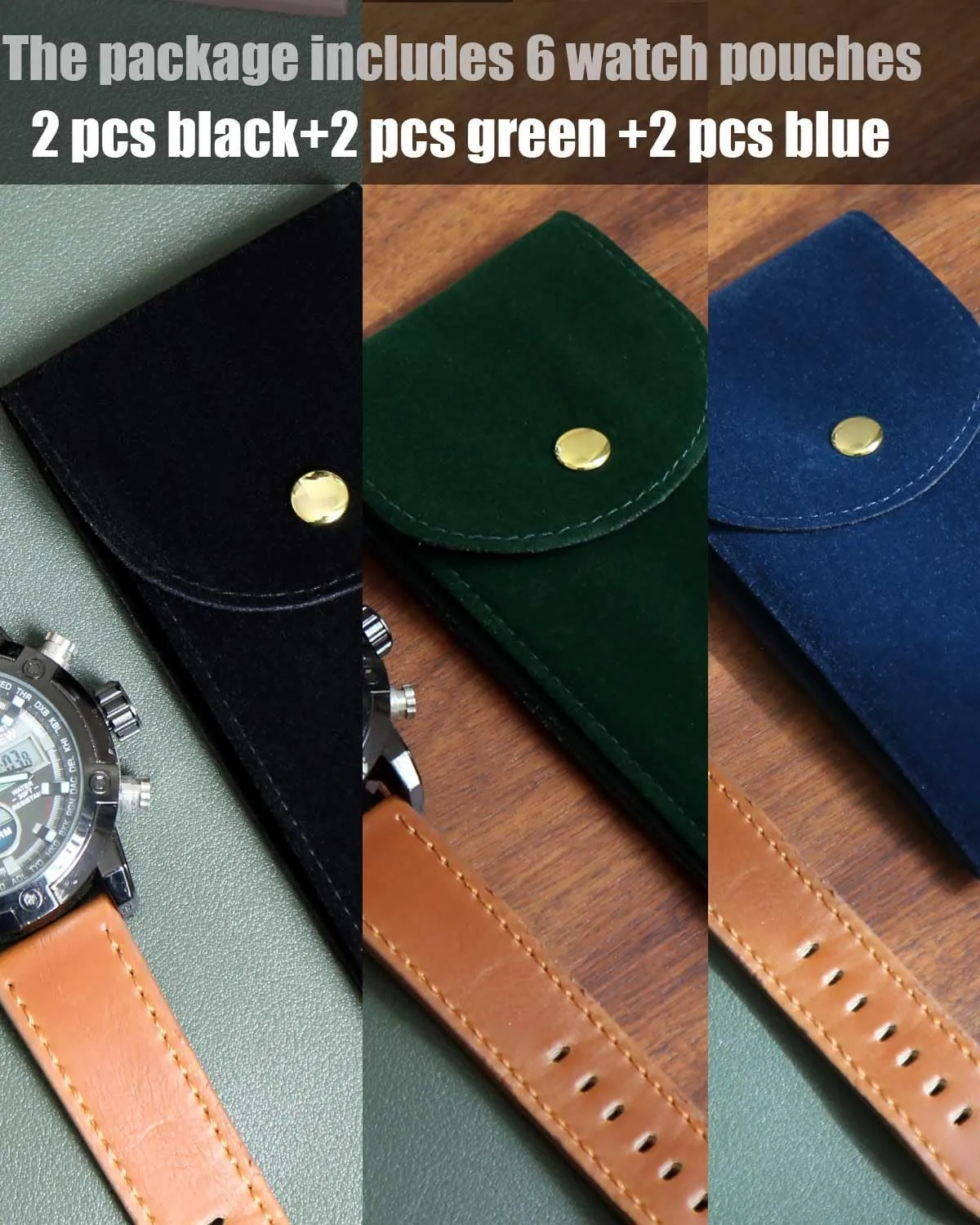 Watch Travel Pouch Set - 6PCS Portable Velvet Cases for Men and Women, Soft Storage Organizer (2 Green, 2 Black, 2 Blue)