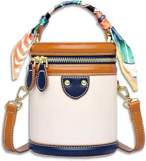 Waterproof PU Color-Block Crossbody Bag,Anti-Theft Cylinder Bucket Purse for Women,Leather Bucket Handbag