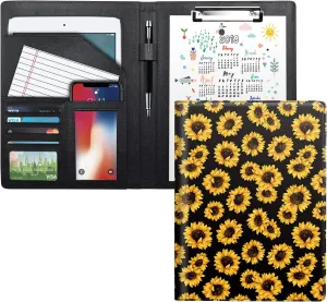 WAVEYU Portfolio Case for Women, Cute Padfolio Cover Folder, Conference/Resume/Legal Document Organizer with Letter/A4 Size Clipboard Hardboard, Business Card Holders, Document Sleeve, Sunflower