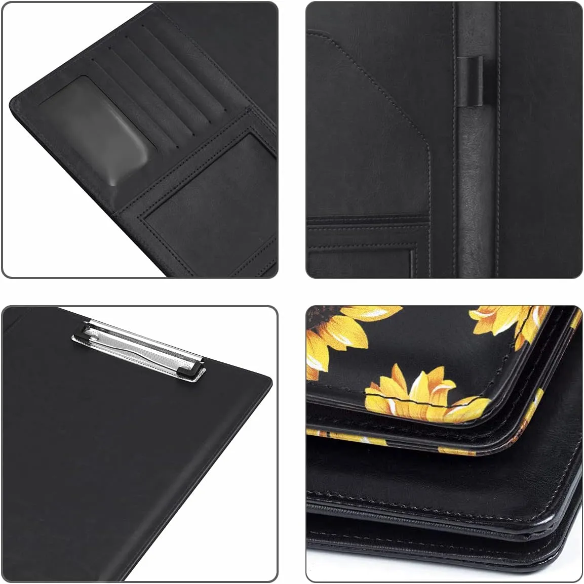 WAVEYU Portfolio Case for Women, Cute Padfolio Cover Folder, Conference/Resume/Legal Document Organizer with Letter/A4 Size Clipboard Hardboard, Business Card Holders, Document Sleeve, Sunflower