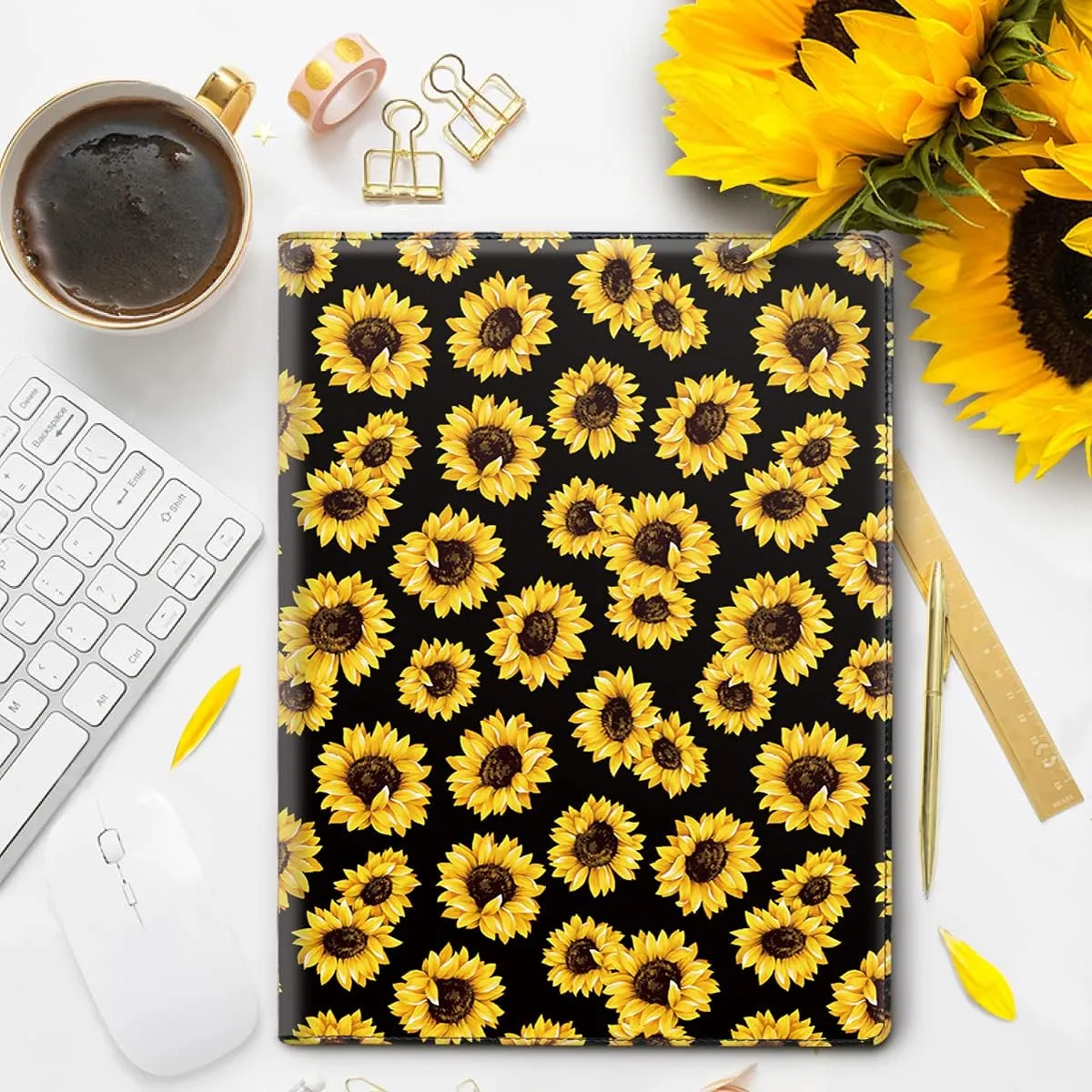 WAVEYU Portfolio Case for Women, Cute Padfolio Cover Folder, Conference/Resume/Legal Document Organizer with Letter/A4 Size Clipboard Hardboard, Business Card Holders, Document Sleeve, Sunflower