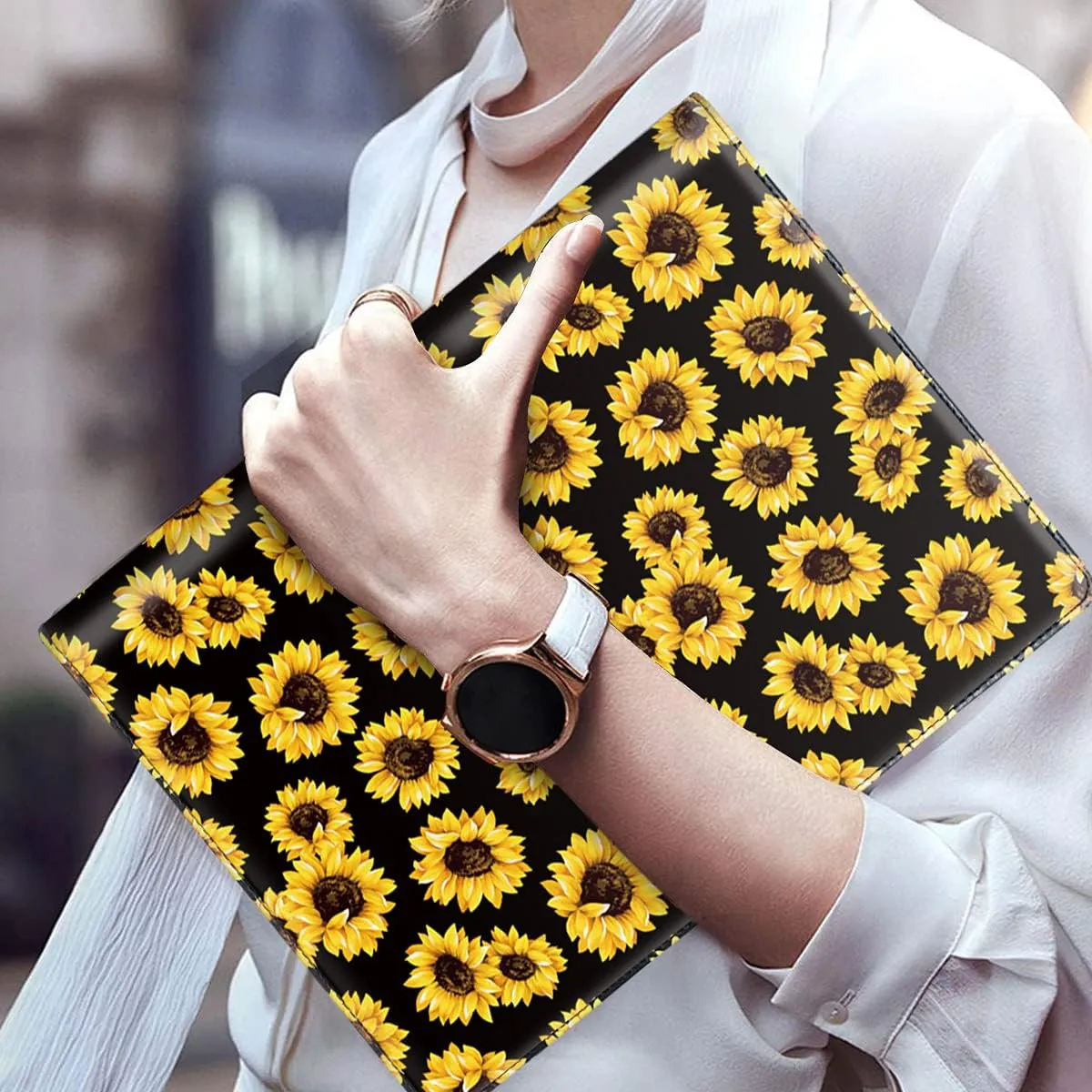 WAVEYU Portfolio Case for Women, Cute Padfolio Cover Folder, Conference/Resume/Legal Document Organizer with Letter/A4 Size Clipboard Hardboard, Business Card Holders, Document Sleeve, Sunflower