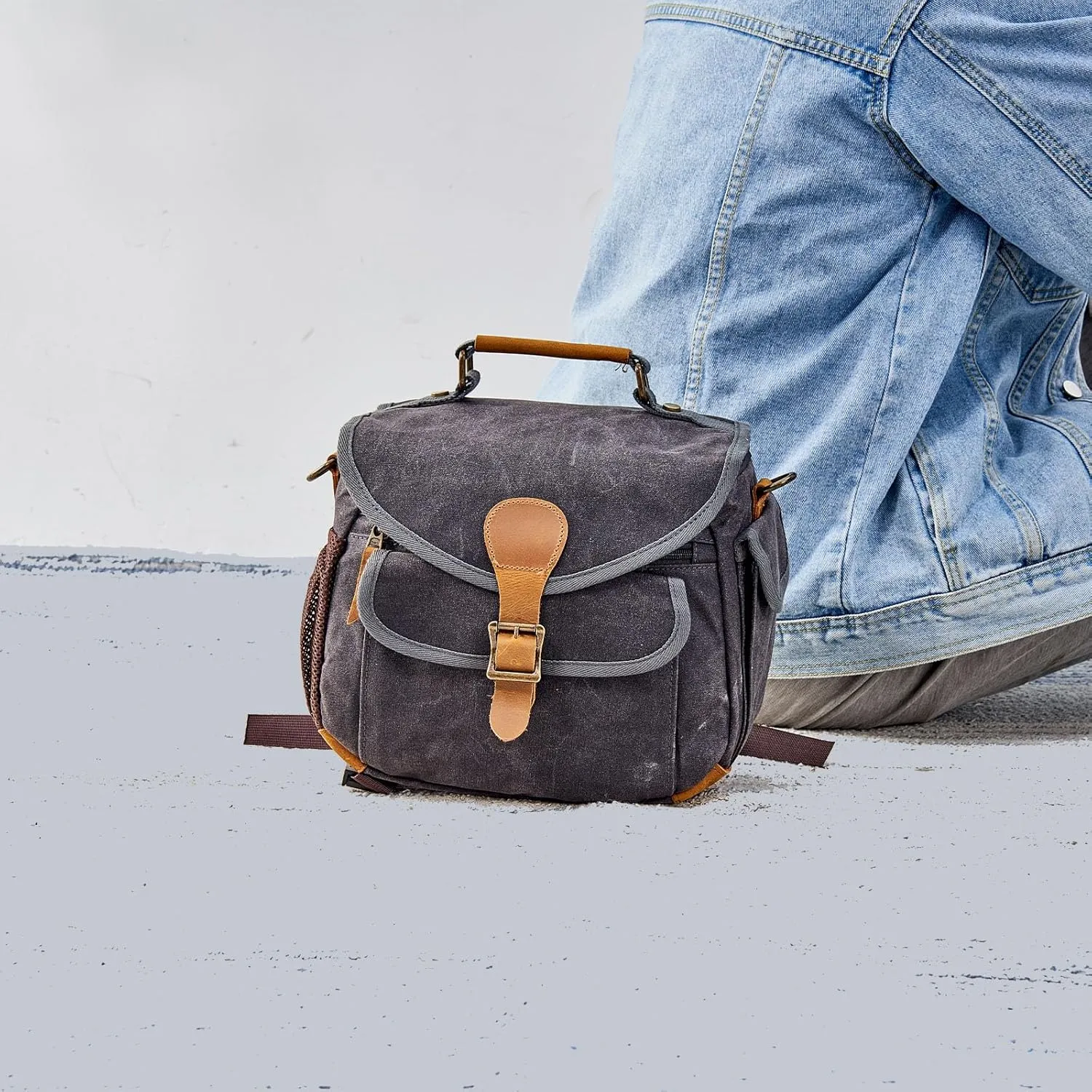 Waxed Canvas Camera Bag DSLR/SLR/Mirrorless Sling Waterproof Purse with Tripod Holder Anti-shock Crossbody Case Compatible for Nikon Canon Sony DarkGray