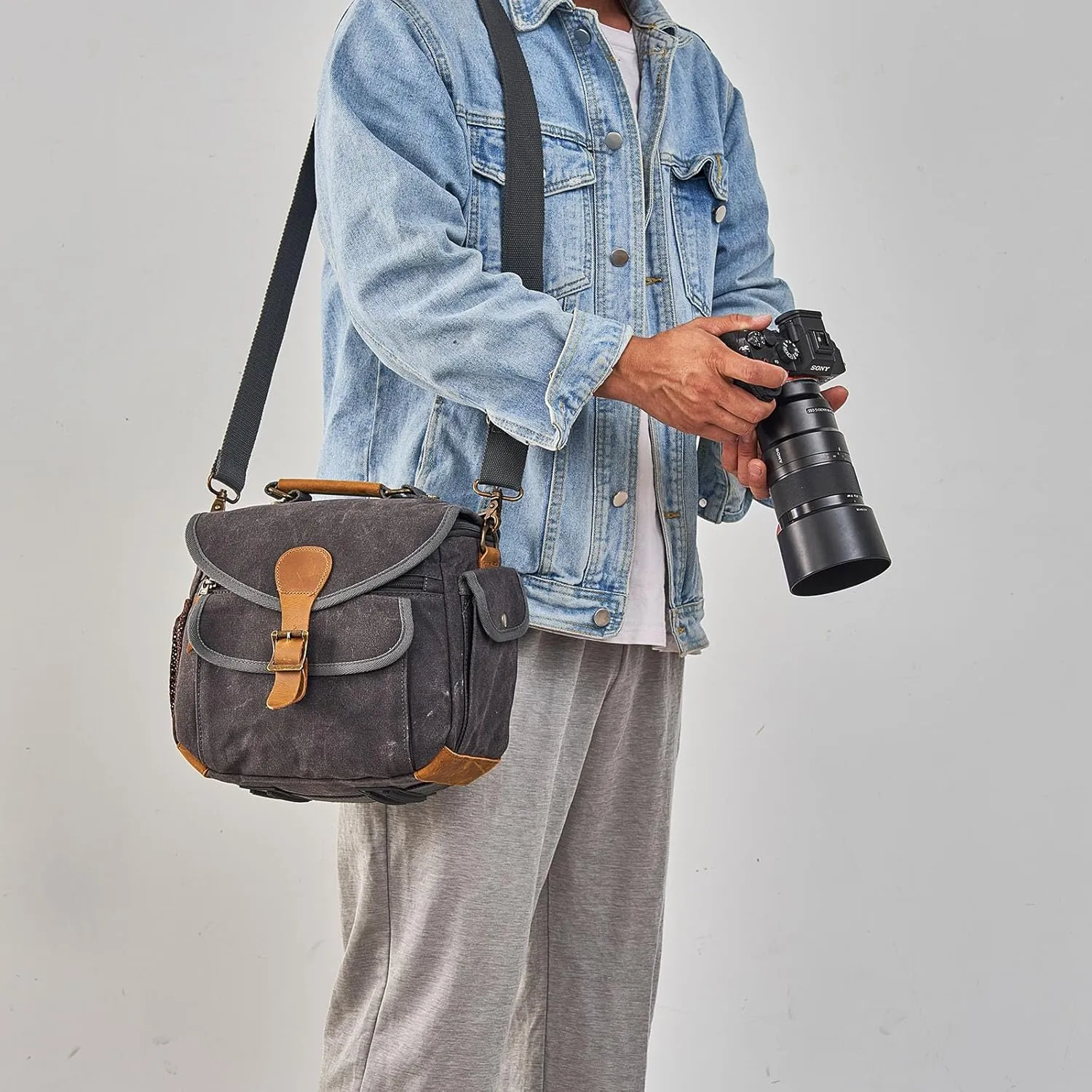 Waxed Canvas Camera Bag DSLR/SLR/Mirrorless Sling Waterproof Purse with Tripod Holder Anti-shock Crossbody Case Compatible for Nikon Canon Sony DarkGray