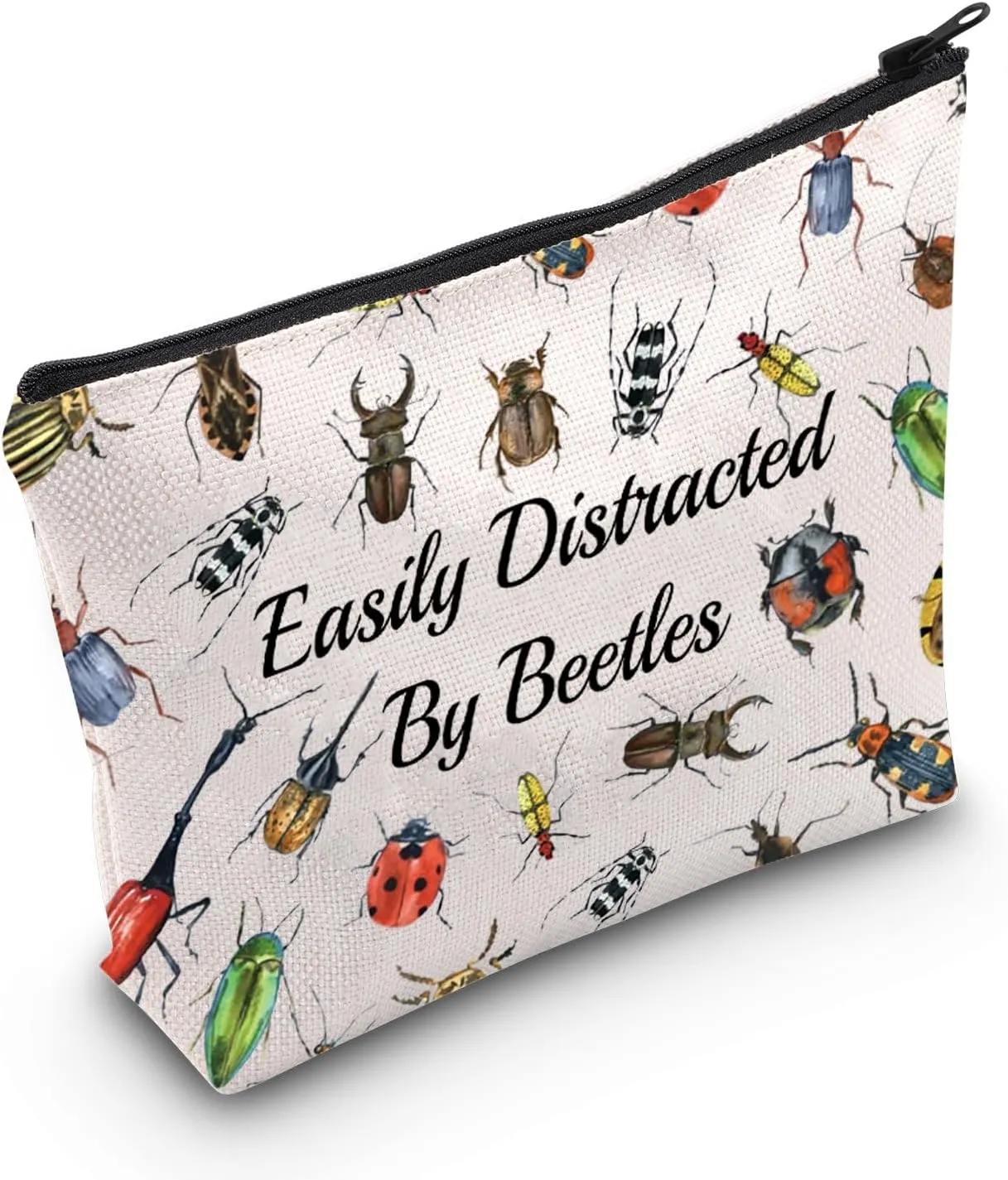 WCGXKO Beetles Lover Gift Easily Distracted By Beetles Insect Bugs Lover Zipper Pouch Makeup Bag (B-By Beetles), beige