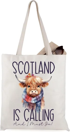 WCGXKO Highland Cow Scottish Tote Bag - Scotland Travel Gift (Scotland Calling)