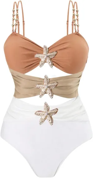 WDIRARA Women's Plus Size One Piece Cut Out Colorblock Swimsuit Ruched Swimwear Metal Bathing Suit