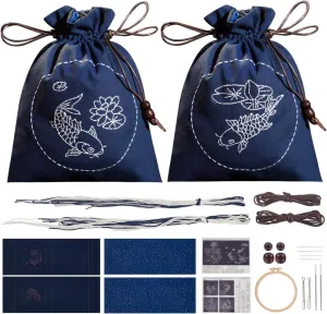 WEBEEDY 2 Set Embroidery Drawstring Bag Kits DIY Sashiko Kit with Complete Material Accessories Sewing Handbag Kit Embroidery Start Kit Needlepoint Sewing Bag Kit for Beginner, Fish and Lotus Pattern