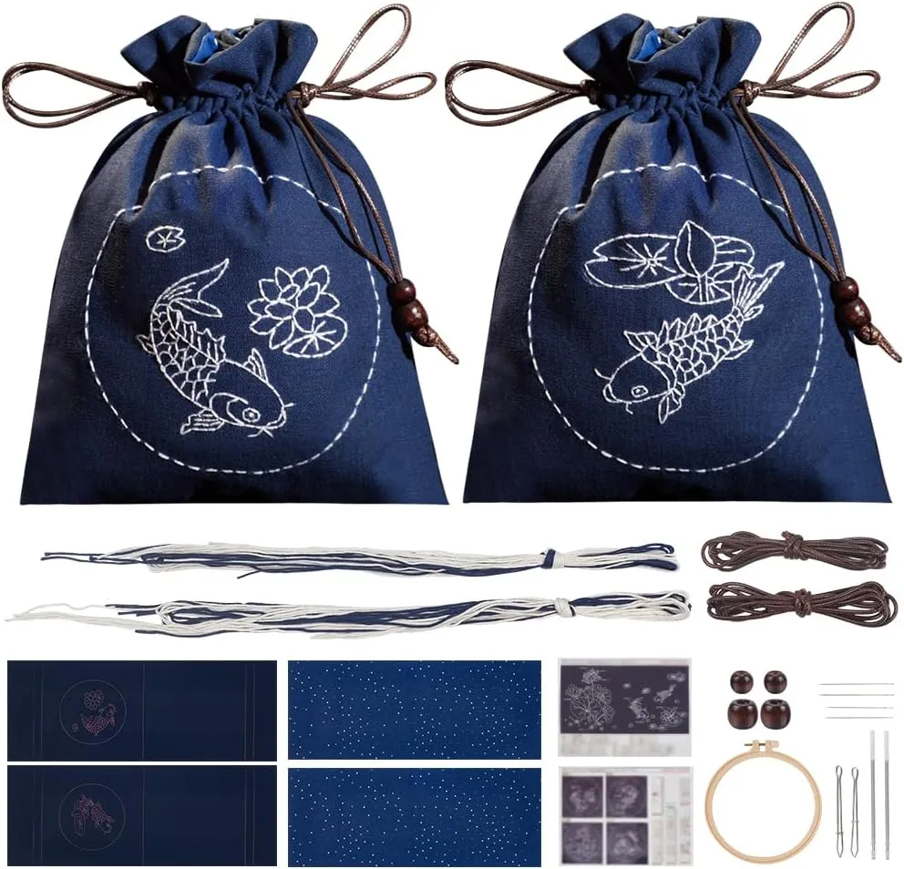 WEBEEDY 2 Set Embroidery Drawstring Bag Kits DIY Sashiko Kit with Complete Material Accessories Sewing Handbag Kit Embroidery Start Kit Needlepoint Sewing Bag Kit for Beginner, Fish and Lotus Pattern