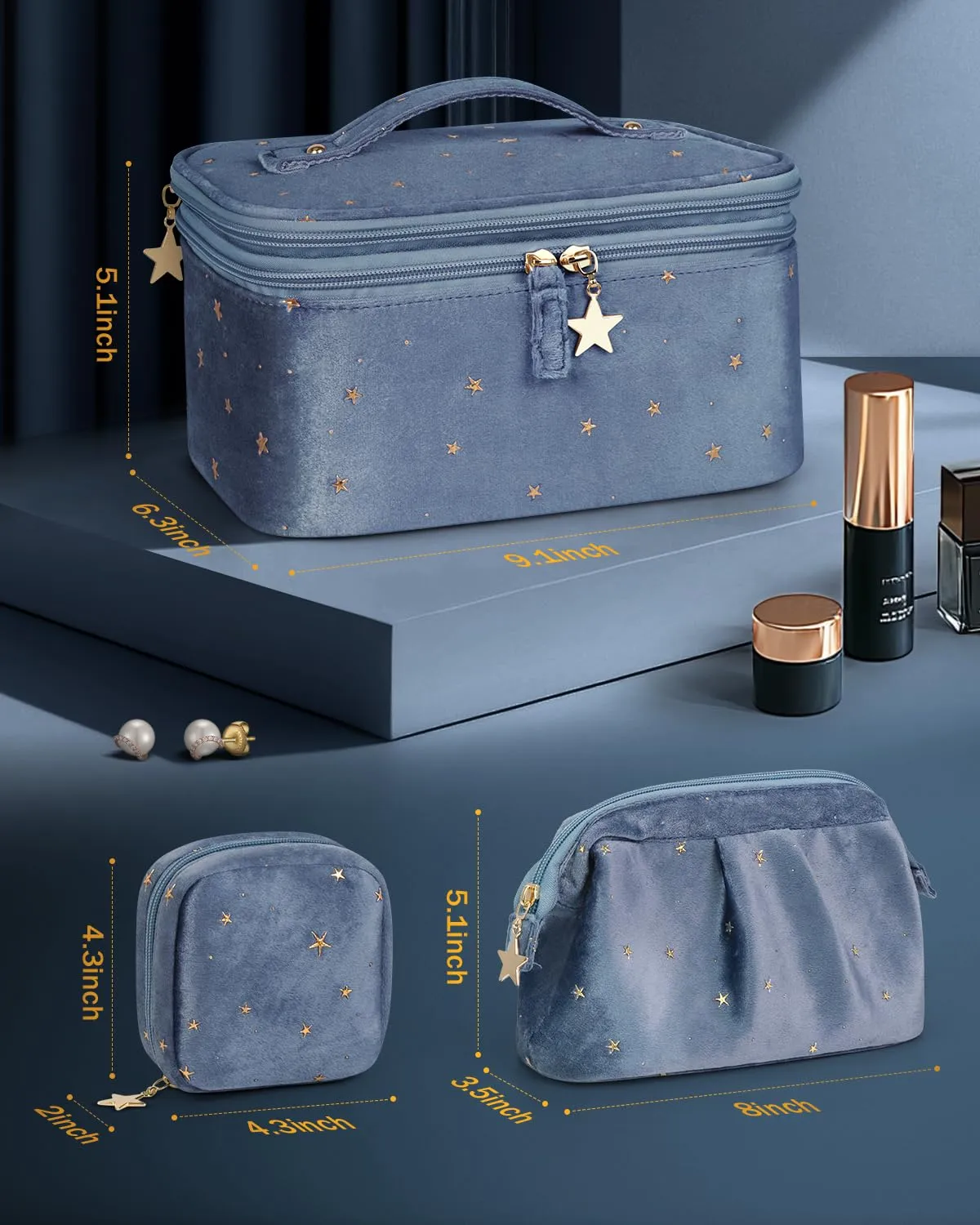 Wedama Makeup Bag Gift for Women, Double-layer Cosmetic Bag with Jewelry Storage and Brush Holder 3 Pcs Velvet Makeup Organizer Bag Gift Set Travel Toiletry Bag for Women Girls, Blue