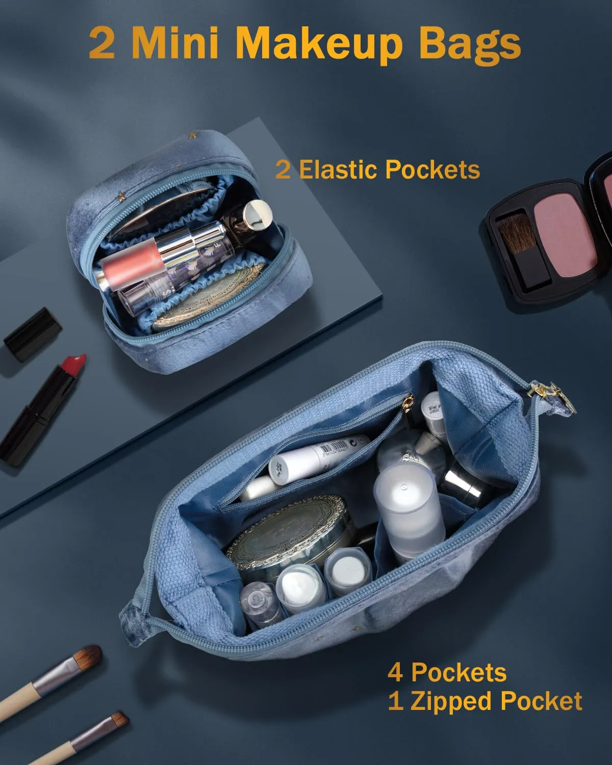 Wedama Makeup Bag Gift for Women, Double-layer Cosmetic Bag with Jewelry Storage and Brush Holder 3 Pcs Velvet Makeup Organizer Bag Gift Set Travel Toiletry Bag for Women Girls, Blue