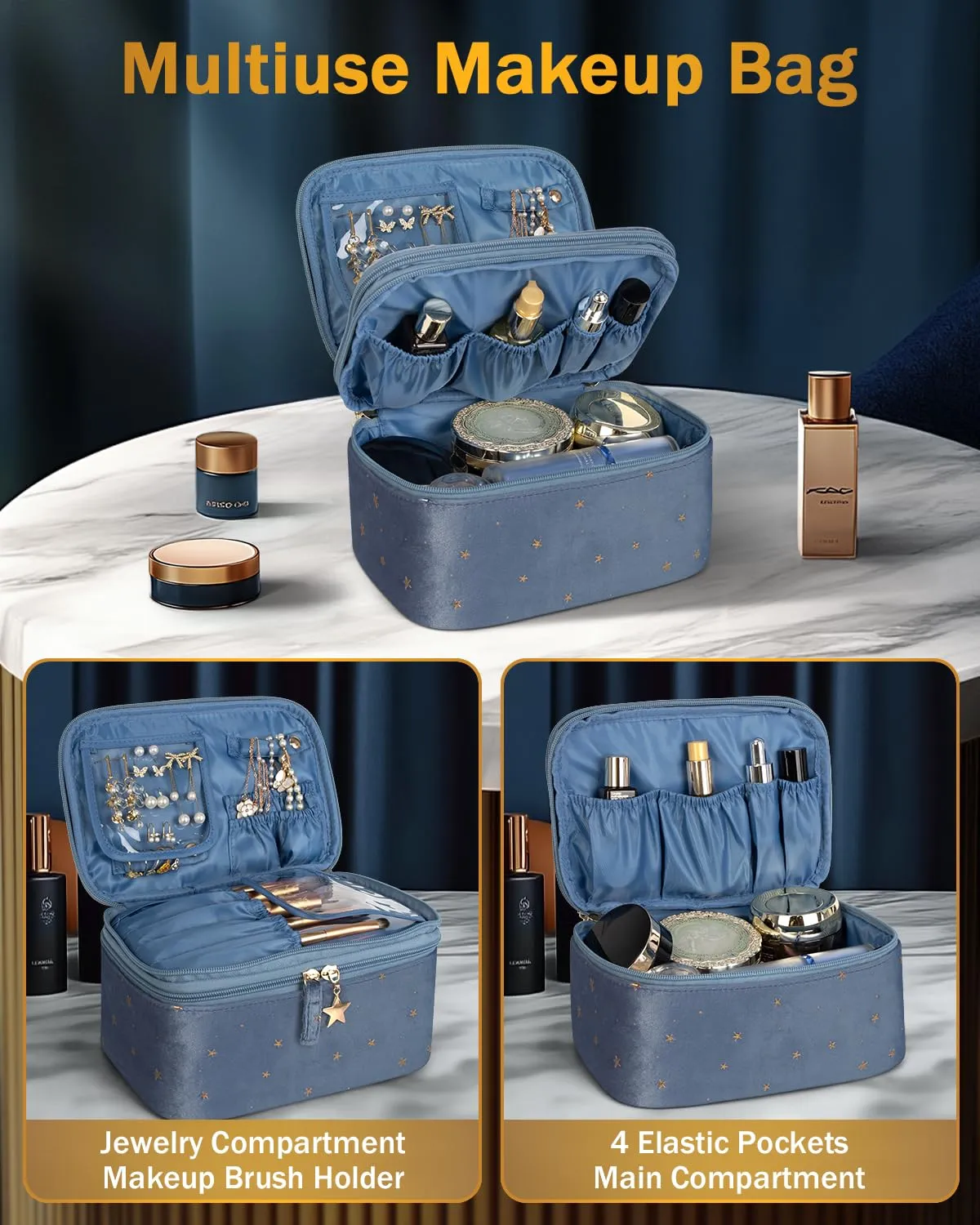 Wedama Makeup Bag Gift for Women, Double-layer Cosmetic Bag with Jewelry Storage and Brush Holder 3 Pcs Velvet Makeup Organizer Bag Gift Set Travel Toiletry Bag for Women Girls, Blue
