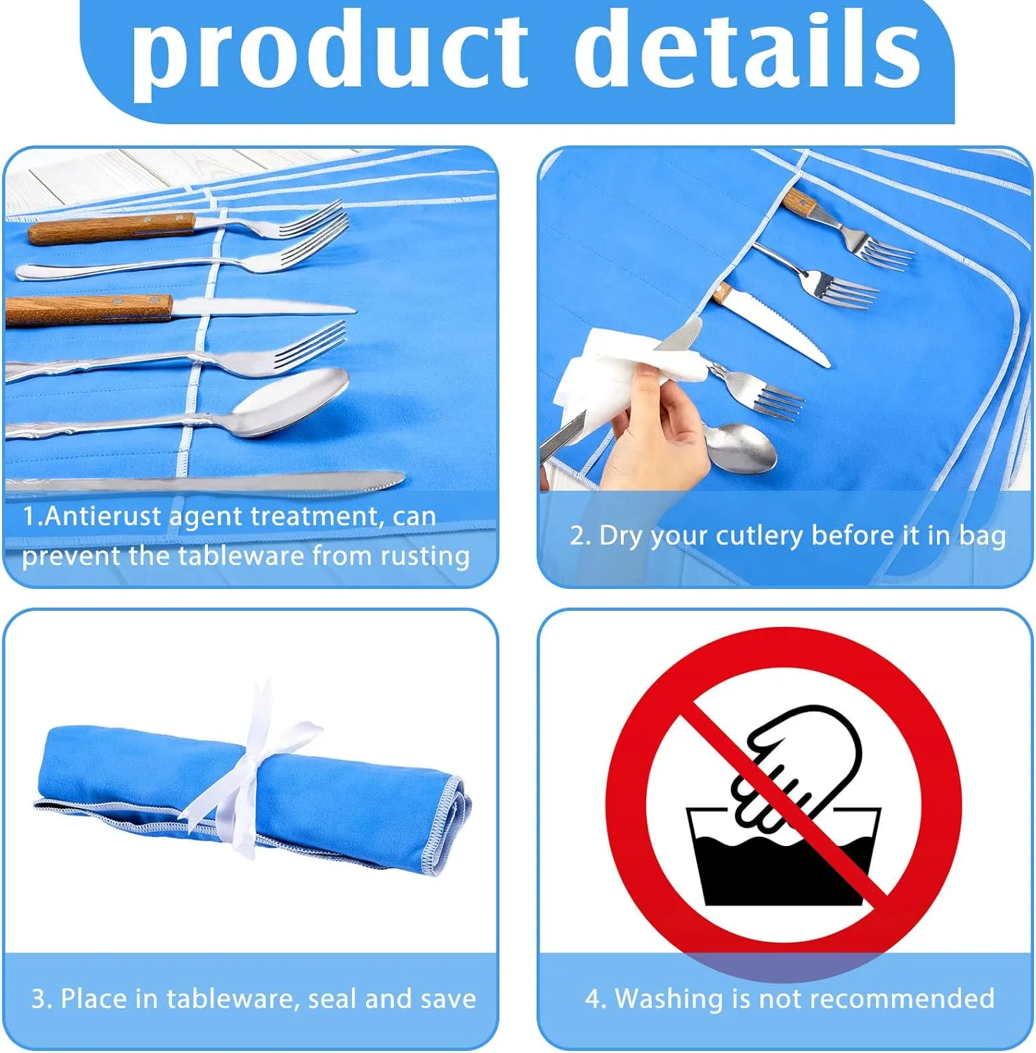 Weewooday Silver Storage Bags Anti Tarnish Silver Protector Bags Blue Holder for Silverware Flatware Storage Organizer Cloth Place Setting Roll with White Ribbon for Teaspoon Utensils(6 Pieces)