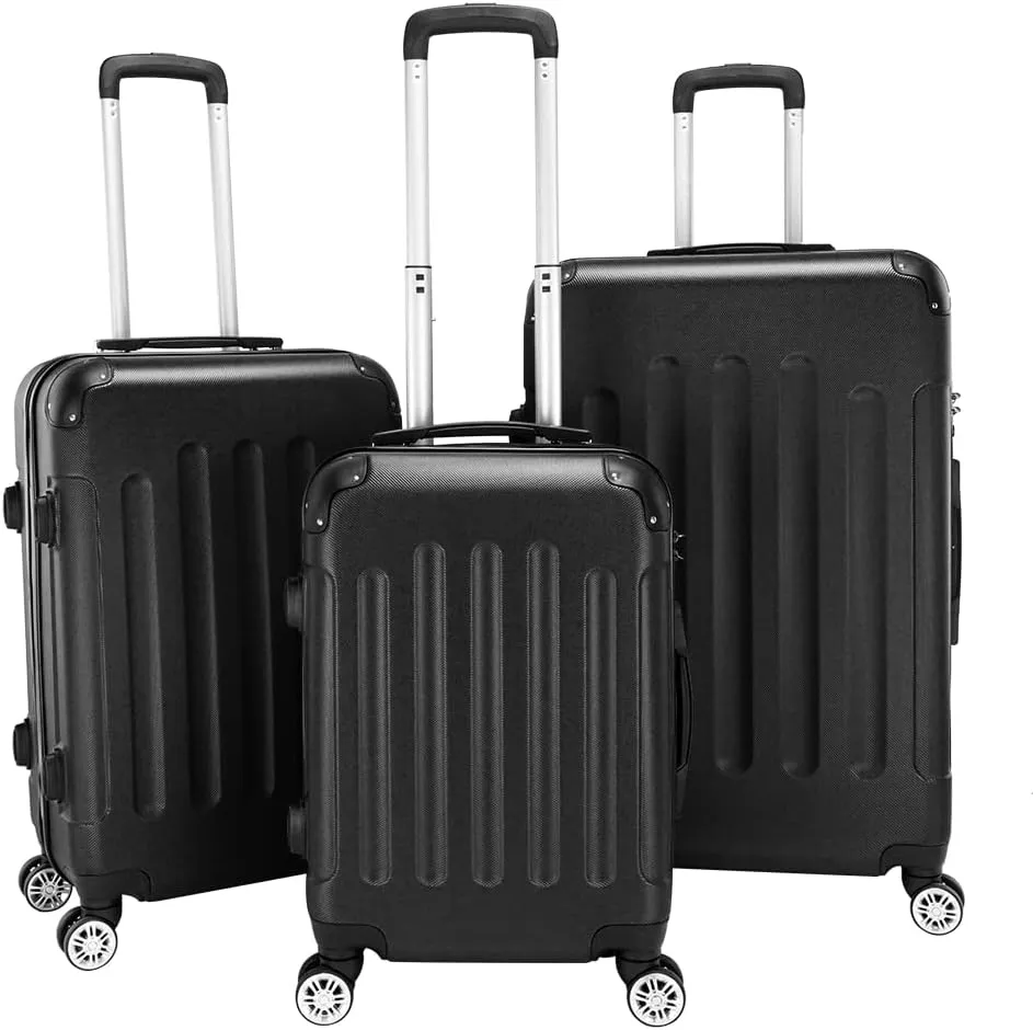 WEI WEI GLOBAL 3-Piece Luggage Sets - Suitcases with Double Silent Wheels - Travel Bag ABS Trolley Suitcase -Traveling Storage Suitcase Set (20", 24", & 28") - Black