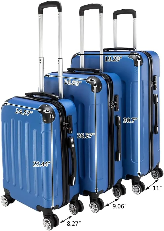 WEI WEI GLOBAL 3-Piece Luggage Sets - Suitcases with Double Silent Wheels - Travel Bag ABS Trolley Suitcase - Traveling Storage Suitcase Set (20", 24", & 28") - Dark Blue