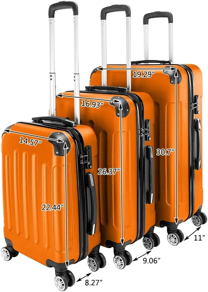 WEI WEI GLOBAL 3-Piece Luggage Sets - Travel Bag ABS Trolley Suitcase - Hard Shell Suitcases with Wheels - Traveling Storage Suitcase Set (20", 24", & 28") - Orange
