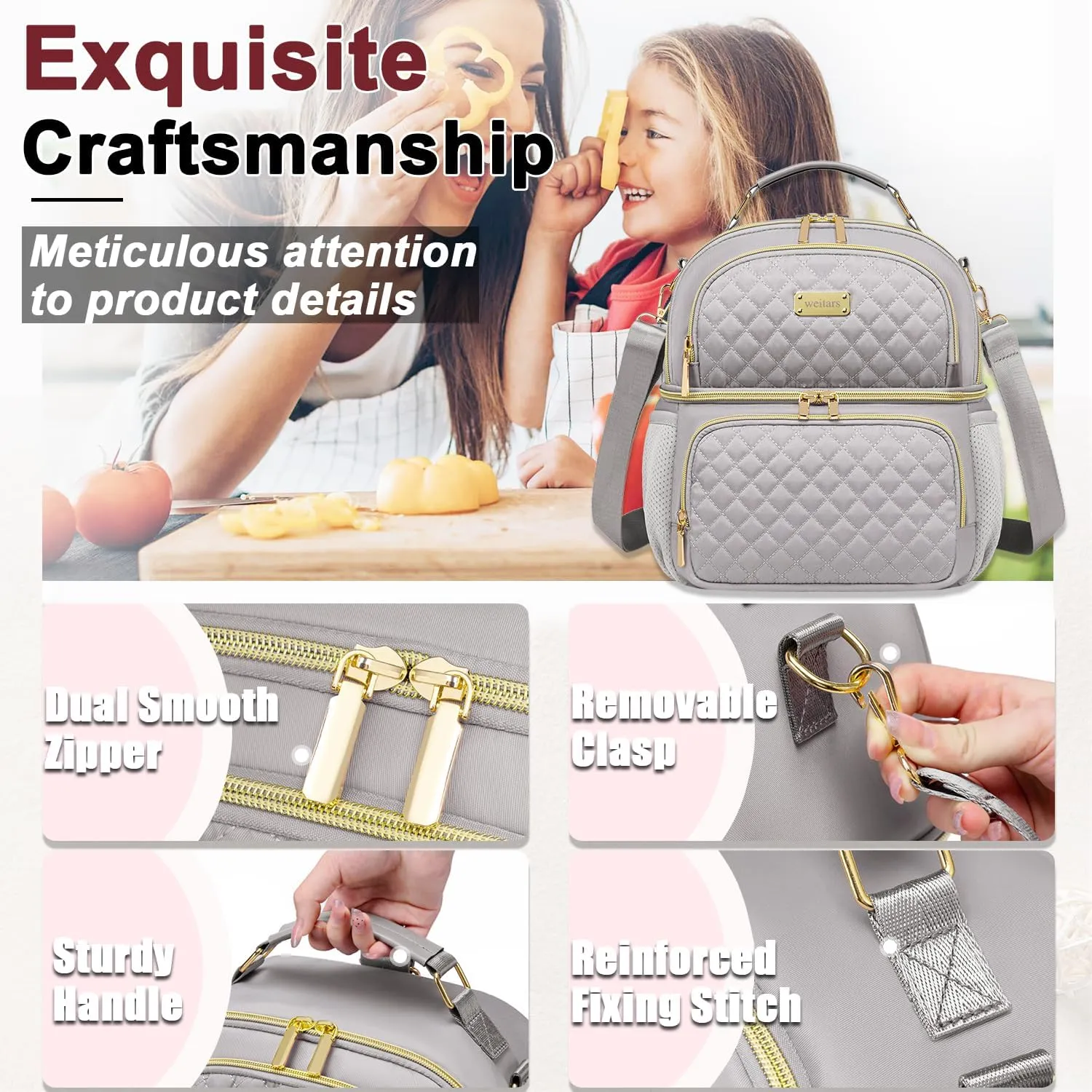 Weitars Lunch Bag for Women,Dual Compartment Lunch Box for Women Lunch Tote for Work,Insulated Leakproof Lunch Cooler Bag with Side Pockets and Adjustable Strap for Hiking,Picnic,Beach