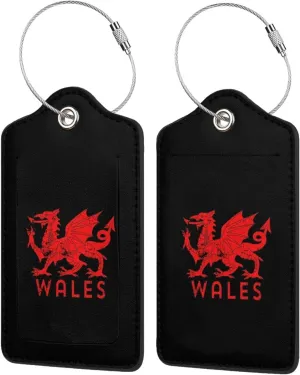Welsh-Flag-Rugby-Red-Dragon-of-Wales- Leather Baggage Bag Luggage Tags with Stainless Steel Loop and Privacy Cover