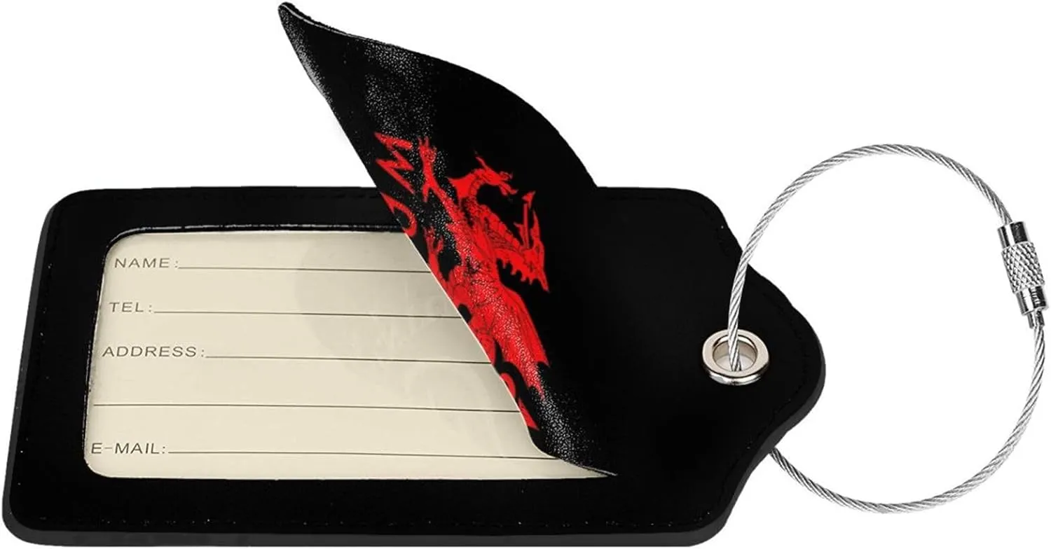 Welsh-Flag-Rugby-Red-Dragon-of-Wales- Leather Baggage Bag Luggage Tags with Stainless Steel Loop and Privacy Cover