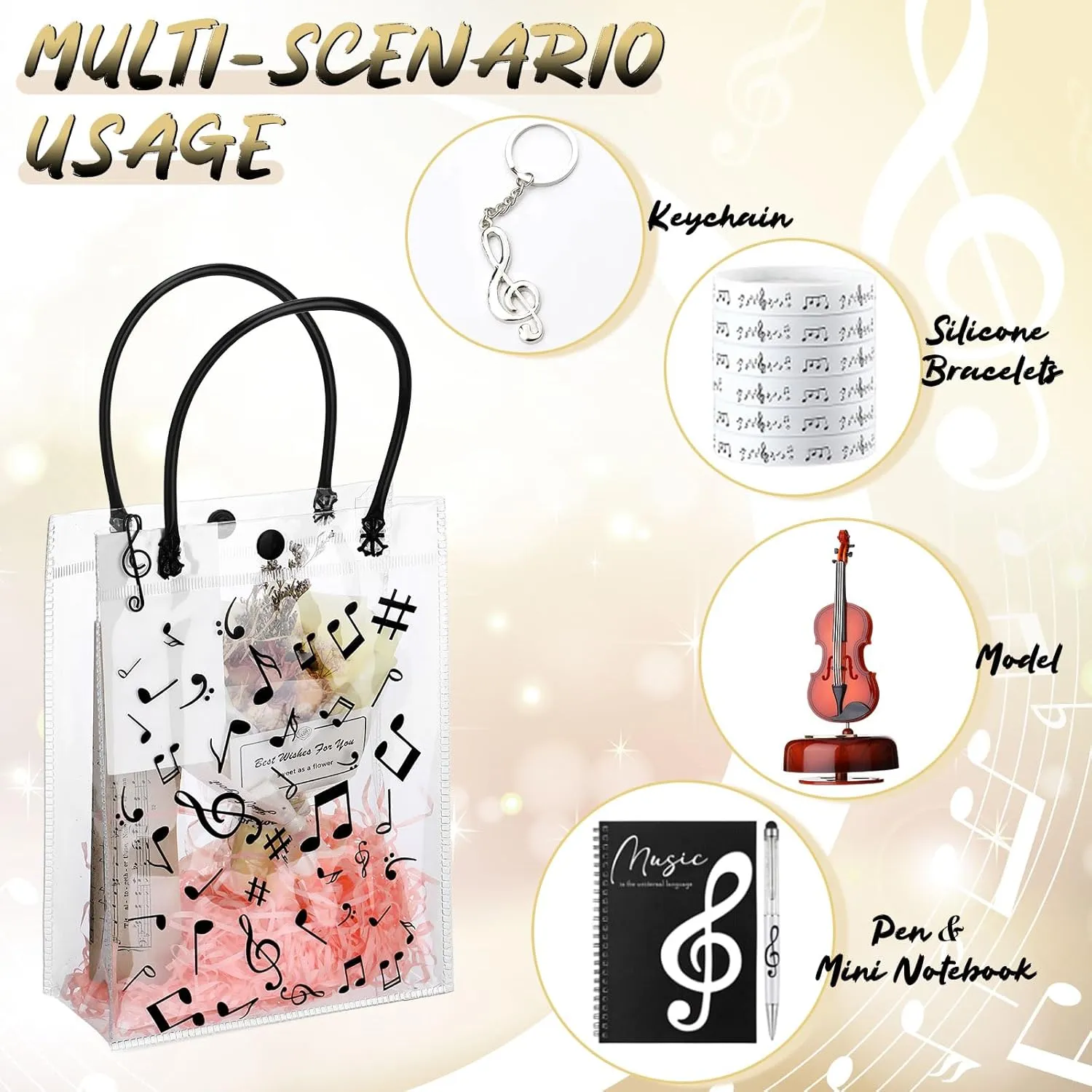 Wesnoy 50 Pcs Musical Notes Gift Bags with Handle 6x8 Inch Clear Music Treat Bags Bulk Musical Party Favor Bag with Musical Note Paper Clip for Musician Employee Teacher Gift Birthday Party Supplies