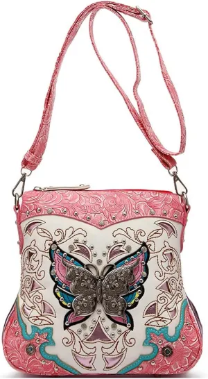 Western Style Metal Butterfly Rhinestone Studded Floral Tooled Leather Women Purse Crossbody Handbag Single Shoulder Bag
