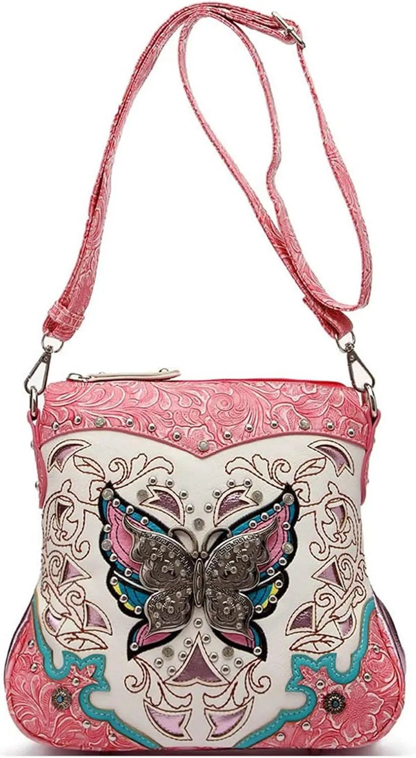 Western Style Metal Butterfly Rhinestone Studded Floral Tooled Leather Women Purse Crossbody Handbag Single Shoulder Bag