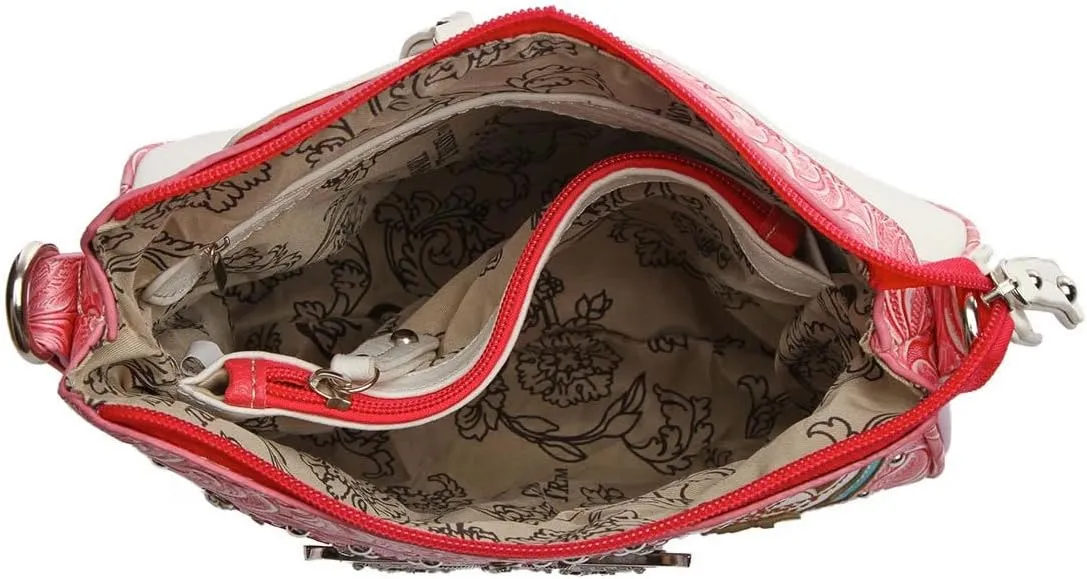 Western Style Metal Butterfly Rhinestone Studded Floral Tooled Leather Women Purse Crossbody Handbag Single Shoulder Bag