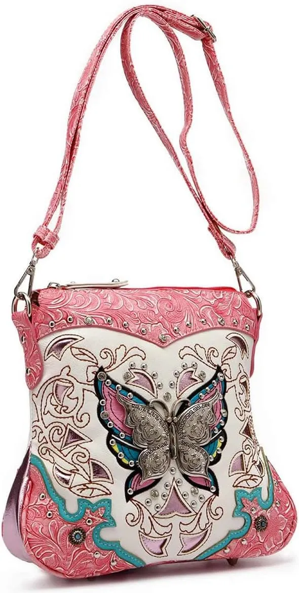 Western Style Metal Butterfly Rhinestone Studded Floral Tooled Leather Women Purse Crossbody Handbag Single Shoulder Bag