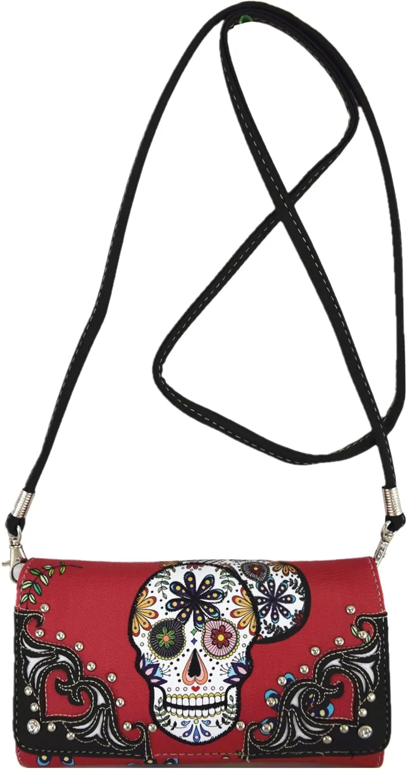 Western Style Sugar Skull Studded Country Purse Single Shoulder Bag Clutch Women Blocking Wristlet Wallet