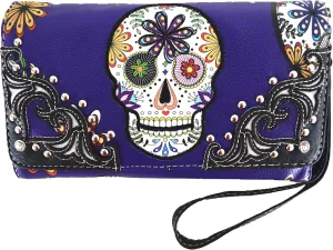 Western Style Sugar Skull Studded Country Purse Single Shoulder Bag Clutch Women Blocking Wristlet Wallet
