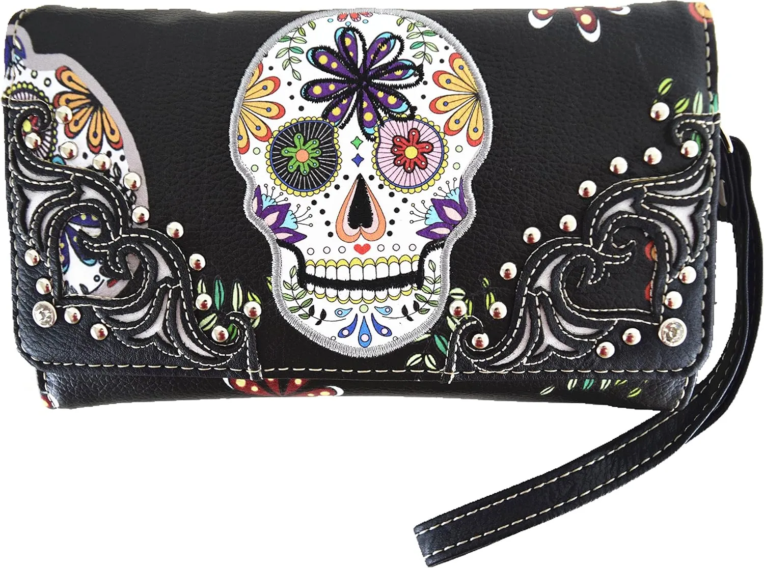 Western Style Sugar Skull Studded Country Purse Single Shoulder Bag Clutch Women Blocking Wristlet Wallet