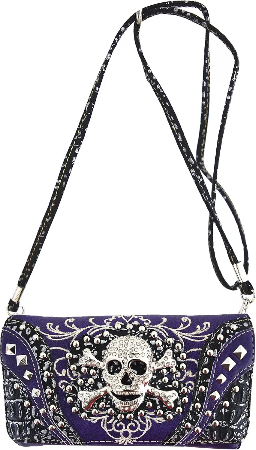 Western Style Sugar Skull Studded Country Purse Single Shoulder Bag Clutch Women Blocking Wristlet Wallet