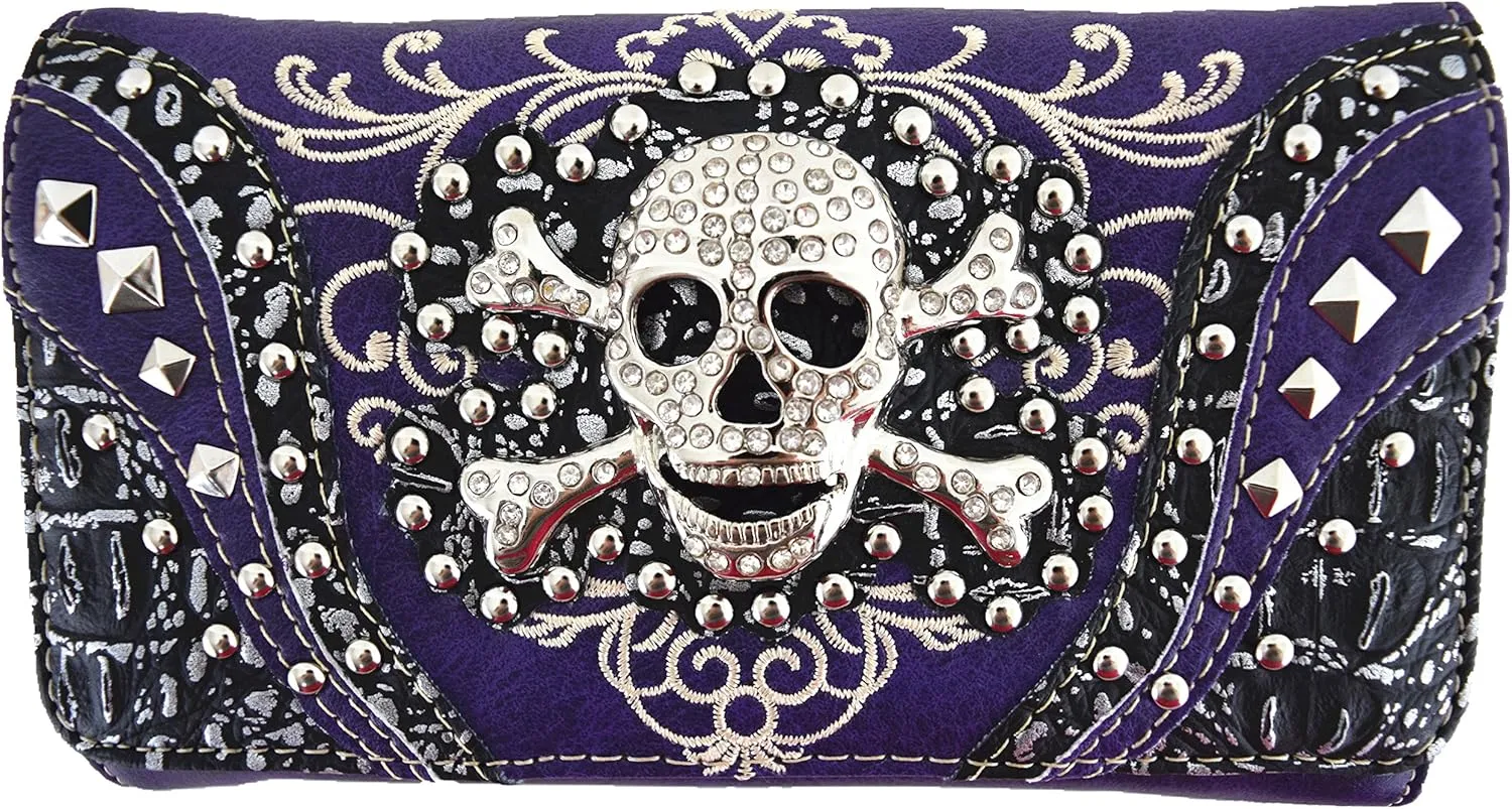 Western Style Sugar Skull Studded Country Purse Single Shoulder Bag Clutch Women Blocking Wristlet Wallet