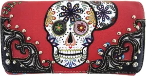 Western Style Sugar Skull Studded Country Purse Single Shoulder Bag Clutch Women Blocking Wristlet Wallet