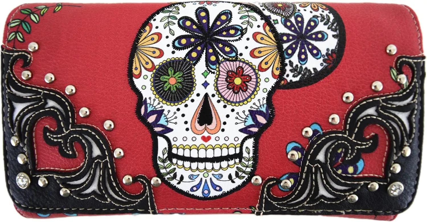 Western Style Sugar Skull Studded Country Purse Single Shoulder Bag Clutch Women Blocking Wristlet Wallet