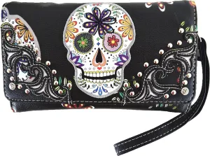 Western Style Sugar Skull Studded Country Purse Single Shoulder Bag Clutch Women Blocking Wristlet Wallet