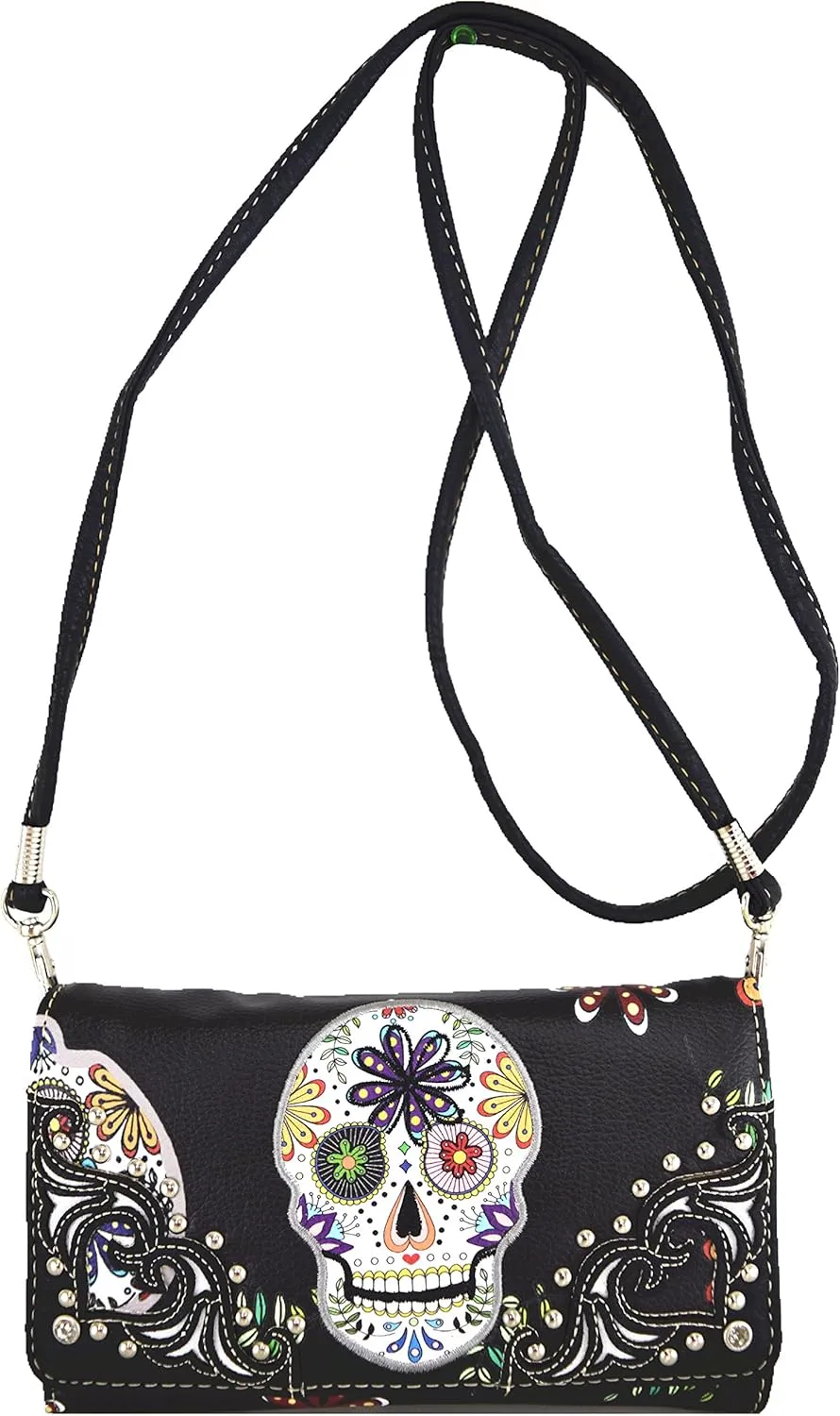 Western Style Sugar Skull Studded Country Purse Single Shoulder Bag Clutch Women Blocking Wristlet Wallet